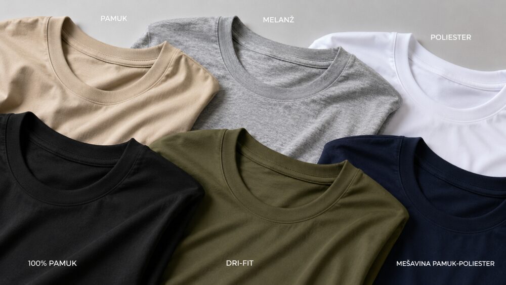 Različite vrste majica od pamuka, poliestera, mešavine i dri-fit materijala za štampu