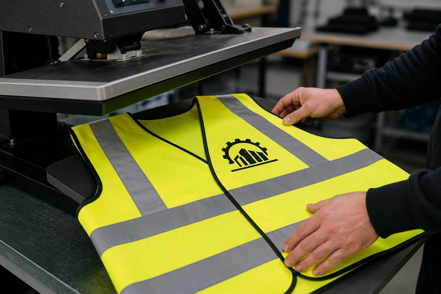 Reflektujući žuti prsluk sa odštampanim logotipom postavljen ispod prese za štampu.